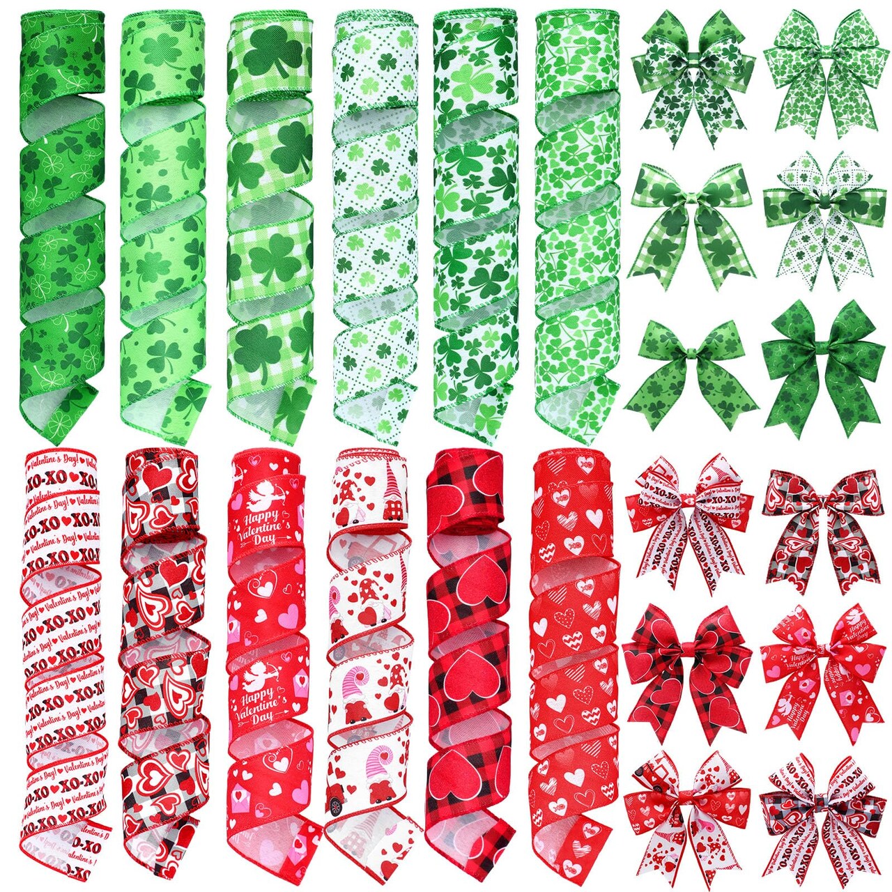 12 Rolls Valentine's Day Wired Edge Ribbon for Wreaths 2 Inch x 60 Yards Red Pink Heart Gnome Truck Print Grosgrain Ribbon Shamrock Clover Crafts for St Patricks Day Party Supplies 12 Styles